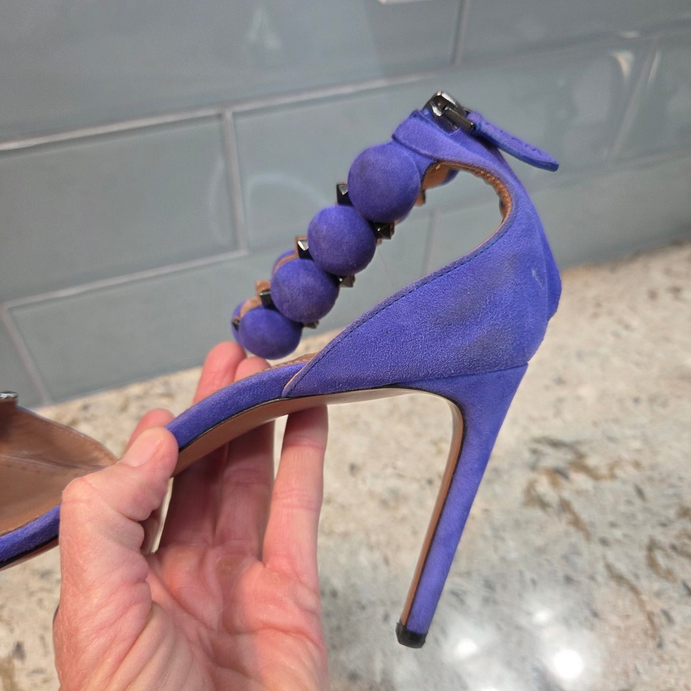 Alaia Bombe Purple Suede Studded Ankle Strap Sandals Heels 39.5 Made in Italy - Picture 14 of 16